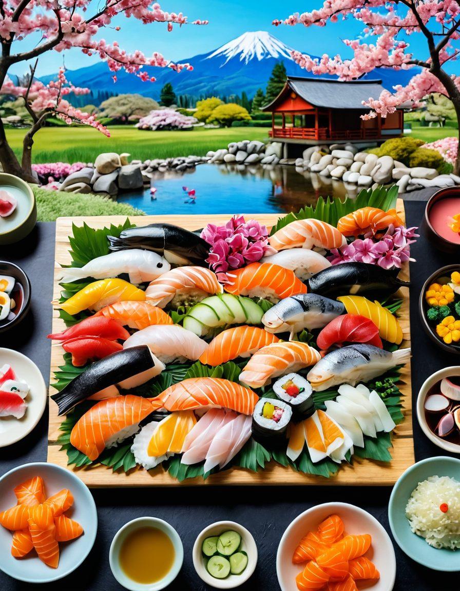 A beautifully arranged sushi platter showcasing vibrant seasonal ingredients like fresh fish, colorful vegetables, and delicate garnishes. In the background, a serene Japanese farmhouse with a lush garden symbolizing ethical farming practices, with cherry blossom trees in bloom. The setting is warm and inviting, emphasizing the harmony between nature and cuisine. super-realistic. vibrant colors. soothing pastel background.