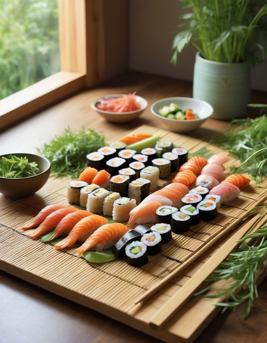 A serene kitchen scene featuring a bamboo mat with freshly prepared sushi rolls, vibrant vegetables, and sustainable ingredients like organic rice and farm-fresh fish. Include a backdrop of a sunny garden with growing herbs and vegetables, symbolizing sustainable agriculture. Soft natural light illuminates the table, enhancing the freshness of the ingredients. The ambiance conveys a harmonious blend of nature and culinary art. super-realistic. vibrant colors. bright background.