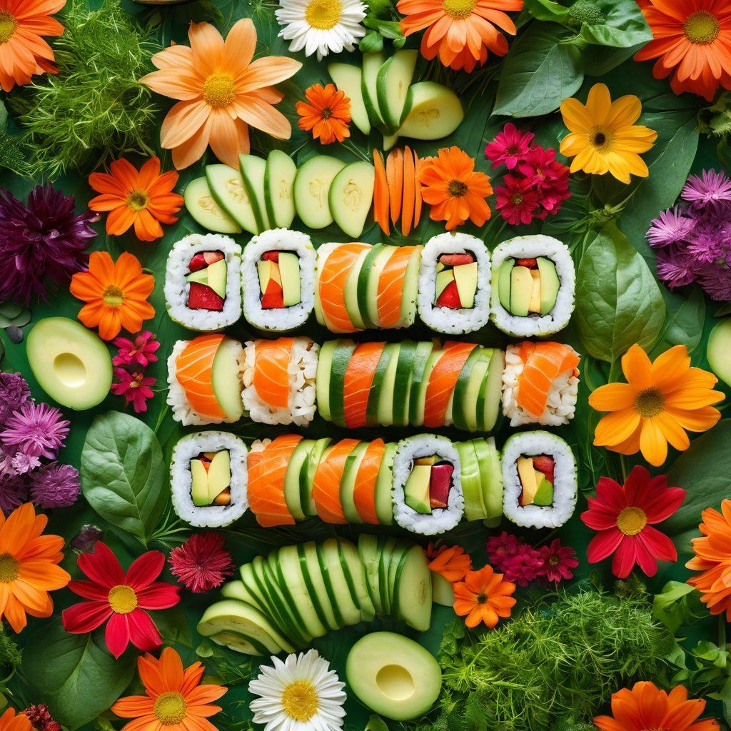 A vibrant sushi roll crafted from fresh, colorful organic vegetables like avocados, carrots, and cucumbers, surrounded by a lush garden filled with green herbs and colorful flowers. Soft sunlight filtering through the foliage highlights the fresh ingredients, creating a sense of harmony between nature and food. The scene invites viewers to connect gardening with cooking. super-realistic. vibrant colors. white background.